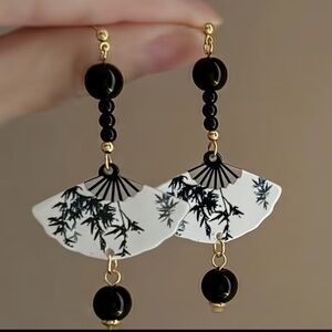 Black & White Fan Drop Earrings with Gold Accents